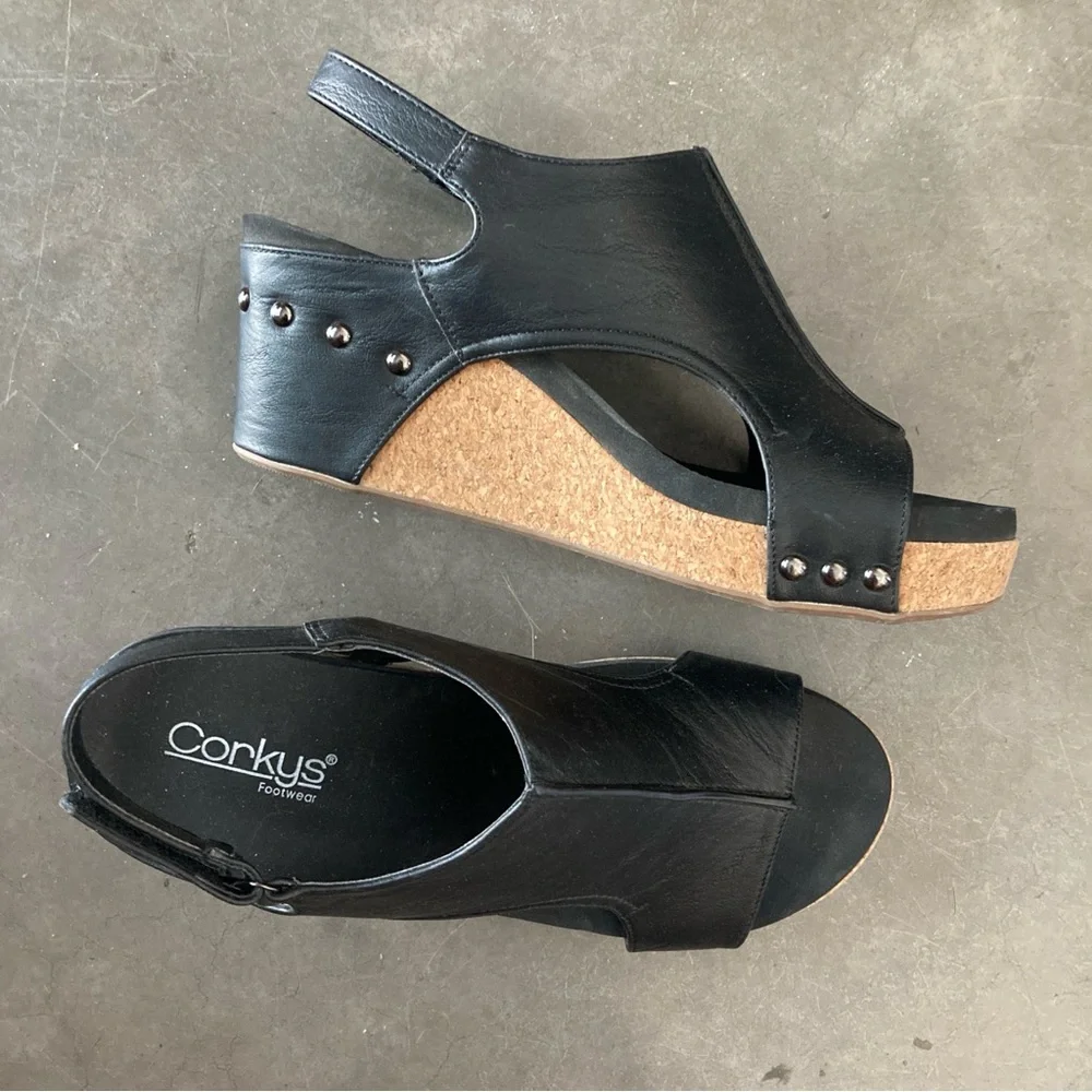Corkys Boutique Womens Carley Karly Slingback Wedge Heel Sandals Black 9 - Picture 1 of 4